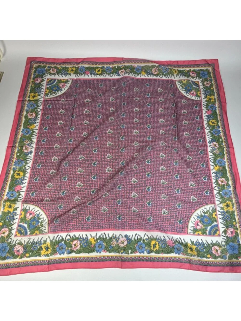 Vintage 1988 Ginnie Johansen Floral Cotton Scarf Square Pink Made In Japan